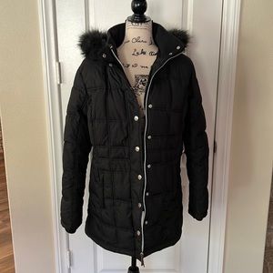 Black puffer coat with fur hood